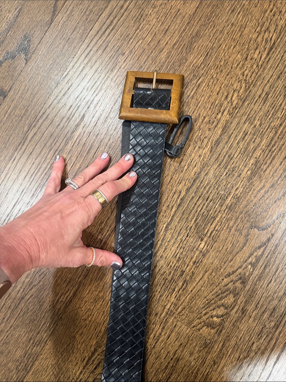 Woven Leather Belt with Wood-Effect Buckle - Black